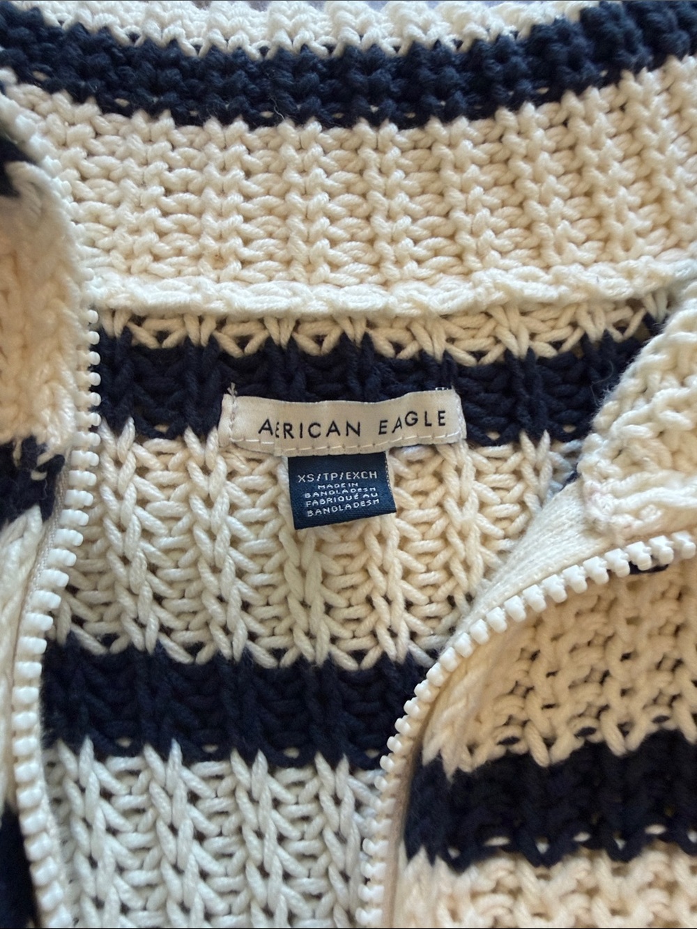XS American Eagle Outfitters Cream and Black Striped Knit Zip Cardigan